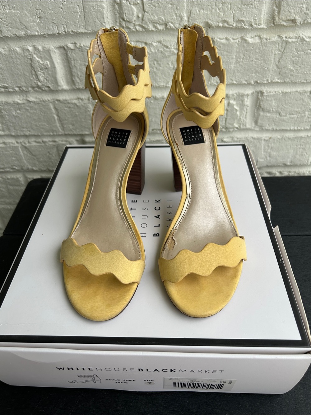White House Black Market Mustard Scalloped Block Heel Sandals